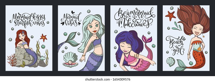 Lettering vector mermaid card set with cute illustration and hand drawn calligraphy greeting quote. Collection with cute kid and girl print and funny typography handwritten text.