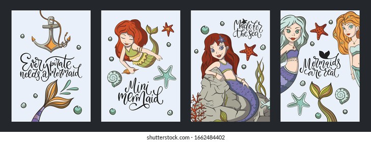 Briefing Vektorillustration Mermaid Karte Set mit süße Illustration und handgezeichnet Kalligrafie Grußquote. Kollektion mit niedlichem Kind- und Mädchendruck und lustigem, handgeschriebenem Typografie-Text.