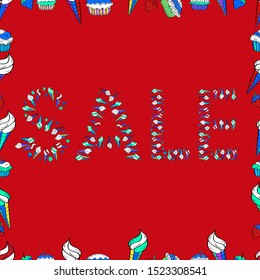 Lettering. Vector. Seamless. Spring sale banner design, special offer for online shopping.Illustration in red, blue and white colors.