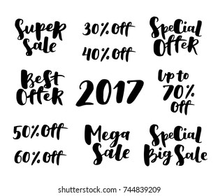 Lettering vector set about sale and discounts. Hand drawn labels on isolated background. Best offer, Special big sale 2017.