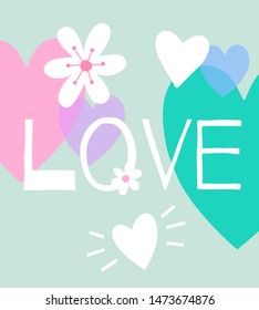 Lettering vector text with flowers and colorful hearts