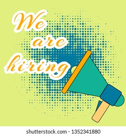 Lettering we are hiring in flat style on black background. Concept hiring. Job vacancy card design. Recruitment concept. Hiring employee. Vector lettering. Recruiting vector poster.