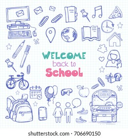 Lettering "welcome back to school" on an abstract background. Vector illustration drawn in sketch style. 