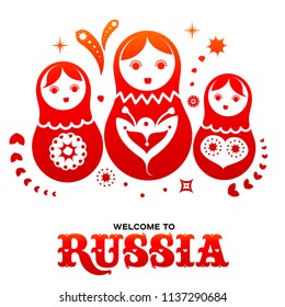 Lettering welcome to Russia. World of Russia modern and traditional elements, 2018 trend templates. Vector illustration isolated on white background.