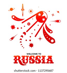 Lettering welcome to Russia. World of Russia modern and traditional elements, 2018 trend templates. Vector illustration isolated on white background.