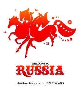 Lettering welcome to Russia. World of Russia modern and traditional elements, 2018 trend templates. Vector illustration isolated on white background.