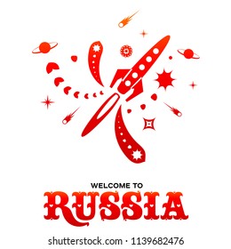 Lettering welcome to Russia. World of Russia modern and traditional elements, 2018 trend templates. Vector illustration isolated on white background.