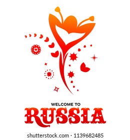 Lettering welcome to Russia. World of Russia modern and traditional elements, 2018 trend templates. Vector illustration isolated on white background.