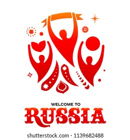 Lettering welcome to Russia. World of Russia modern and traditional elements, 2018 trend templates. Vector illustration isolated on white background.