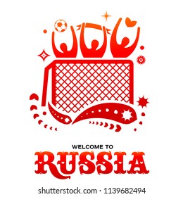 Lettering welcome to Russia. World of Russia modern and traditional elements, 2018 trend templates. Vector illustration isolated on white background.