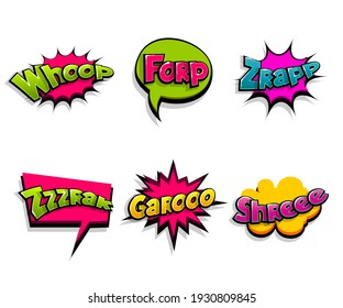 Lettering Whoo, Forp, Wow, Garoo, Zap, Shh. Comic Text Logo Sound Effects. Vector Bubble Icon Speech Phrase, Cartoon Font Label, Sounds Illustration. Comics Book Funny Text.