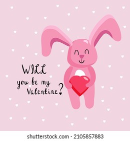 lettering "Will you be my Valentine?" with funny cartoon bunny. Hand written vector calligraphy.