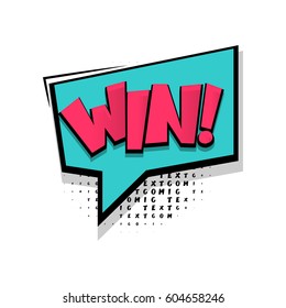 Lettering win, winner, bingo. Comics colored book halftone balloon. Bubble icon speech phrase. Cartoon exclusive font label expression. Comic text sound effects dot back. Sounds vector illustration.