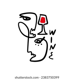 Lettering wine lovers twins one line Gemini minimalistic brush grunge abstract face. Vector illustration. Modern contemporary art, trendy continuous drawing. Cubism artistic linear portrait. Simple