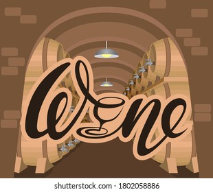 Lettering wine with stylized letter i in shape of glass on background of wine barrels in wine cellar. Hand drawn inscription, logo, label. Winery corporate style. Wine cellar with oak barrels