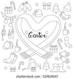 lettering winter and winter attributes. Winter doodle