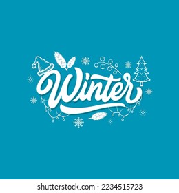 Vector de invierno con letras, Ilustración, Diseño de caligrafía, Color blanco sobre fondo azul, Usable para afiches, carteles, postales, papel de escritorio, regalos, etc