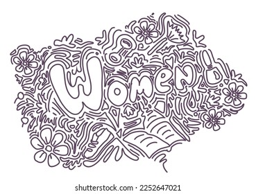 Lettering Women for cards. Hand drawn lettering for women's day. Black and white vector.Text card invitation, template. Festive background. Poster with lettering typography.