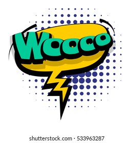 Lettering woo, scare, joke. Comic text sound effects. Vector bubble icon speech phrase, cartoon exclusive font label tag expression, sounds illustration. Comics book balloon.