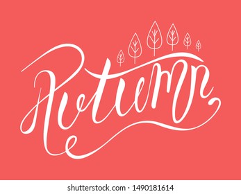 Lettering word autumn with leaflets in white on an orange background