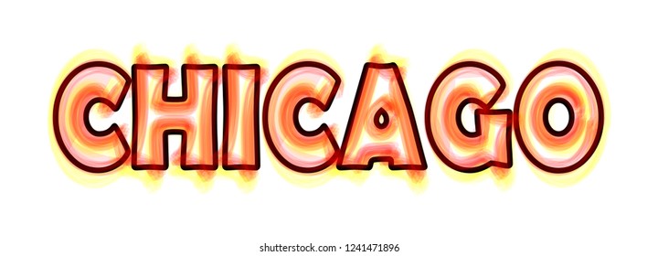 Lettering of word CHICAGO with red and yellow flames, isolated on white background - Vector