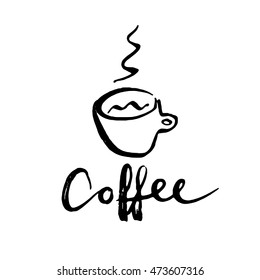 Lettering. The word "Coffee". Handwritten letters with coffee cup. Modern brush lettering. Can be used for print:bags, t-shirts, home decor, posters, cards, and for web: banners, blogs, advertisement.