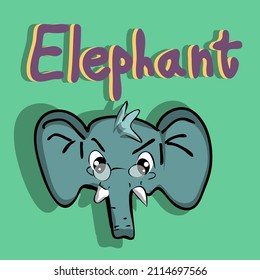 Lettering of the word elephant with vector illustration. Cartoon elephant in doodling style with monochrome background. Words and pictures for the alphabet.