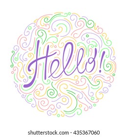 Lettering. The word "Hello." Round emblem. Multicolored version.