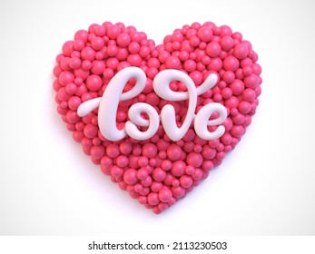 Lettering word Love with pink balls in shape of heart isolated on white background. Valentine's Day cute creative emotion concept. Vector illustration