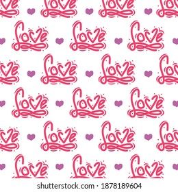 Lettering word love with purple love pattern design on white background