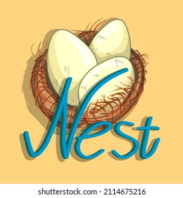 Lettering of the word nest with vector illustration. Cartoon nest in the doodling style with a monochrome background. Words and pictures for the alphabet.