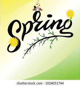 Lettering of the word Spring. Black letters with yellow brush effect on colorful gradient background. With decor of flowers, branch with leaves and birds in love. As template of card, banner, poster.