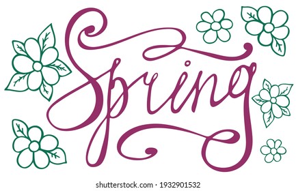 Lettering Word Spring. Doodle drawings of flowers. Spring season, vector illustration, isolated on white background