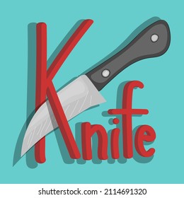 Lettering words knife with vector illustration. Cartoon knife style doodling with monochrome background. Words and pictures for the alphabet.