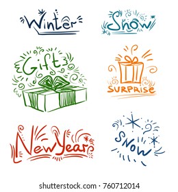 Lettering - words for winter - decor elements. Words: winter, gift, surprise, snow, new year.