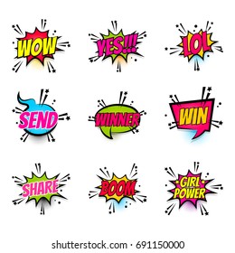 Lettering wow, yes, lol, send, win, boom, girl power, share. Set comics book balloon. Bubble icon speech phrase. Cartoon font label expression. Comic text sound effect. Vector illustration.