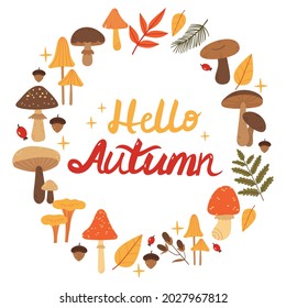 Lettering in a wreath of mushrooms.Forest plants.Book illustration.Fall.