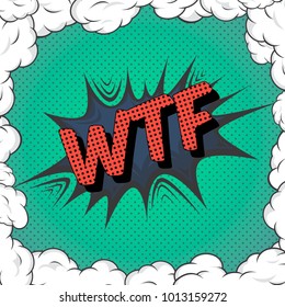 Lettering WTF with cool background. Red comic text sound effect. Vector negative bubble icon speech phrase, cartoon font label tag expression, sounds illustration. Comics book balloon.