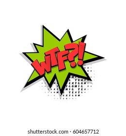 Lettering wtf question, ask. Comics colored book halftone balloon. Bubble icon speech phrase. Cartoon exclusive font label tag expression. Comic text sound effects dot back. Sounds vector illustration