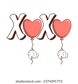 Lettering xoxo and heart. Groovy retro cartoon lovely heart sticker, patch. Valentines Day. For poster, card, print. Trendy retro 60s 70s style. Red, pink colors. Vector illustration