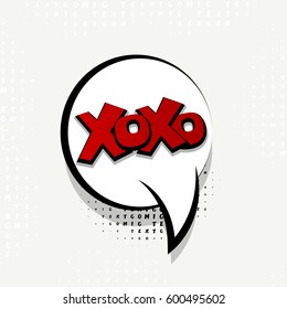 Lettering xoxo, kiss, love. Comics book halftone balloon. Bubble icon speech phrase. Cartoon exclusive font label tag expression. Comic text sound effects dot background. Sounds vector illustration.
