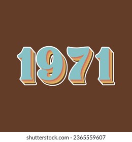 lettering of the year 1971 light blue, art from the 70s, colorful shadow, brown, white background, vintage, retro color palette.