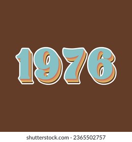 lettering from the year 1976 light blue, art from the 70s, colorful shadow, brown, white background, vintage, retro color palette.