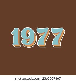 lettering of the year 1977 light blue, art from the 70s, colorful shadow, brown, white background, vintage, retro color palette.