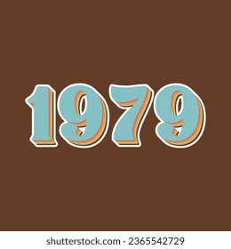 lettering of the year 1979 light blue, art from the 70s, colorful shadow, brown, white background, vintage, retro color palette.