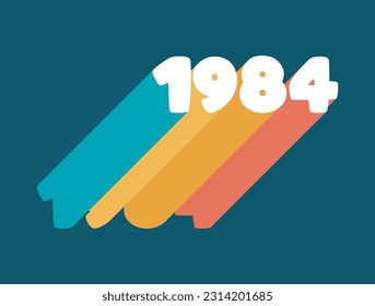 lettering year 1984, vintage, nostalgic text, hippie color palette, long shadow, dark background.