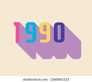 lettering from the year 1990 colored with color palette of the decade, vintage, retro, long shadow