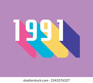 lettering of the year 1991 vintage, retro style with colorful long shadow, 90's color palette