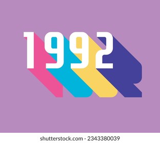 lettering of the year 1992 vintage, retro style with colorful long shadow, 90's color palette