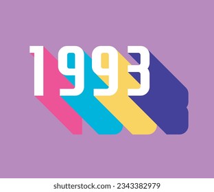 lettering of the year 1993 vintage, retro style with colorful long shadow, 90's color palette